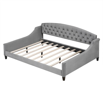 Modern Tufted Button Daybed in gray fabric with tufted headboard and wood slat base on Tampa Home & Garden Store