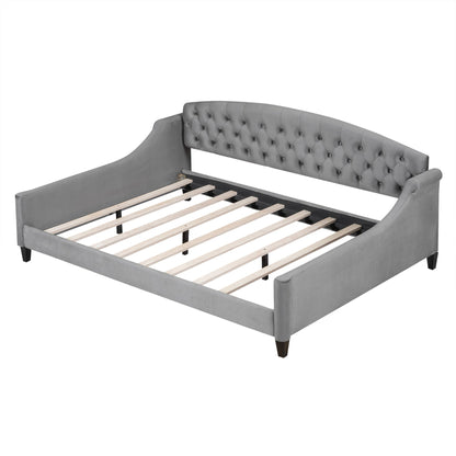 Modern Tufted Button Daybed gray fabric with tufted back and wooden slat frame HouseOfZazla on Tampa Home & Garden Store