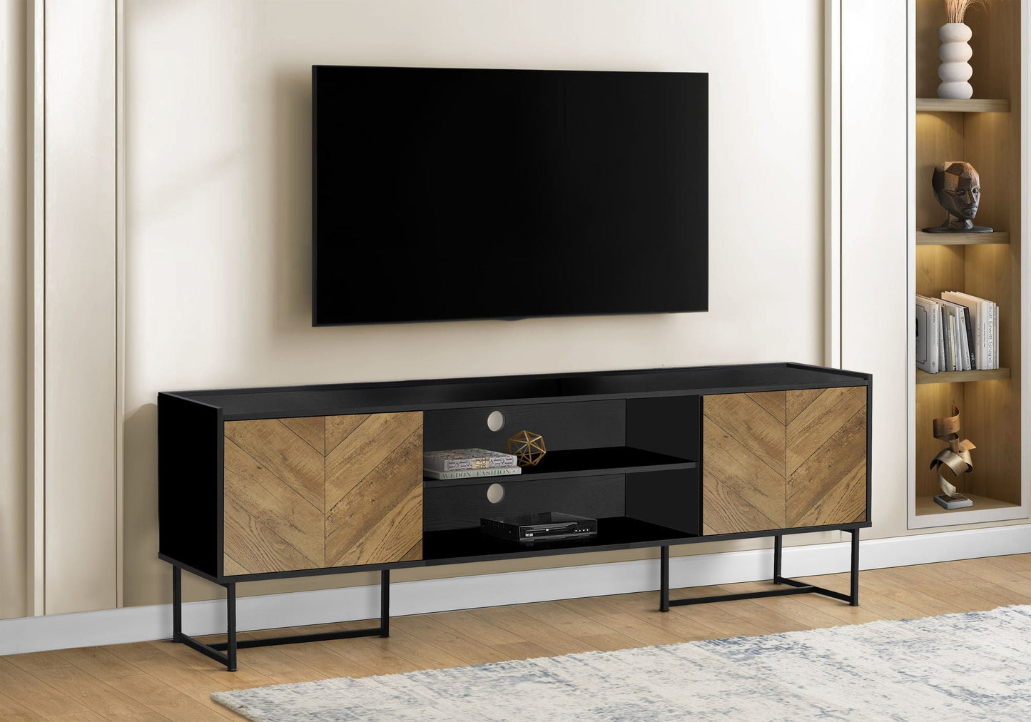 TV stand console in black with chevron wood panels, open shelf and metal legs by HouseOfZazla on Tampa Home & Garden Store