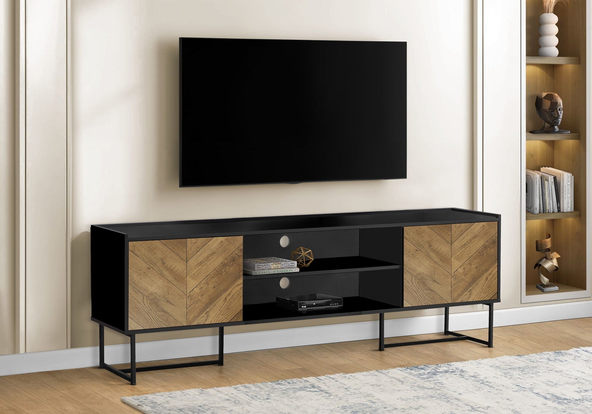 TV stand console in black with chevron wood panels, open shelf and metal legs by HouseOfZazla on Tampa Home & Garden Store