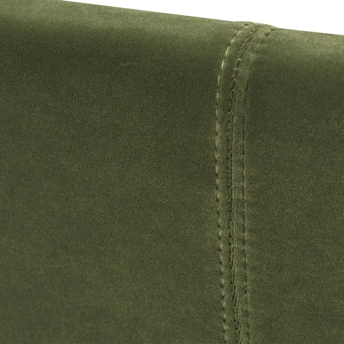 Marcella upholstered shelter headboard close-up in olive green suede with seam detail on Tampa Home & Garden Store