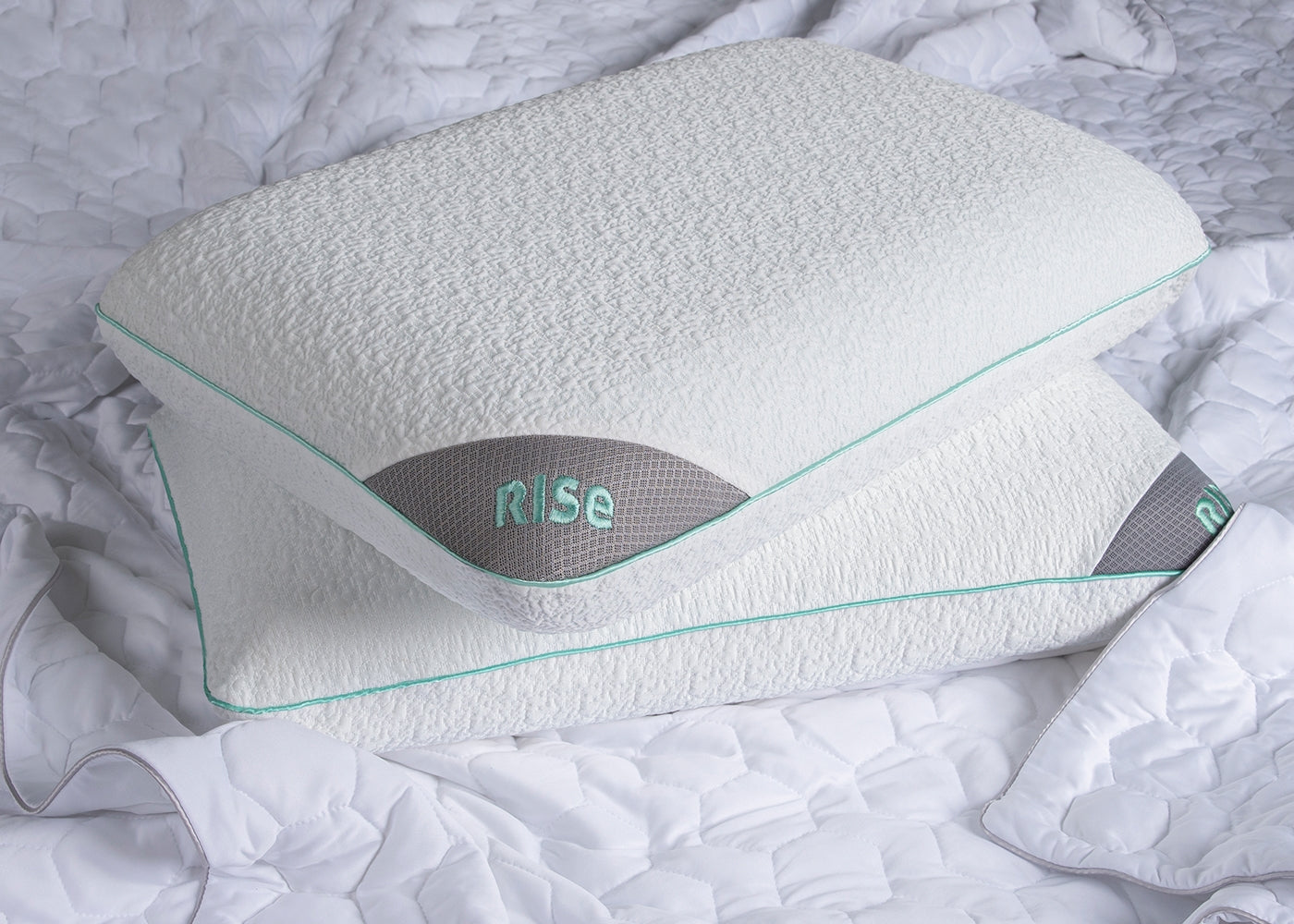 BedGear Rise Multiposition Pillow backrest white textured cover with teal piping and gray mesh on Tampa Home & Garden Store