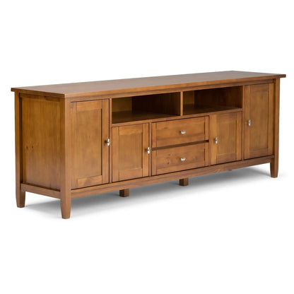 Warm Shaker TV media stand handcrafted in warm wood with open center shelf and multiple drawers on Tampa Home & Garden Store