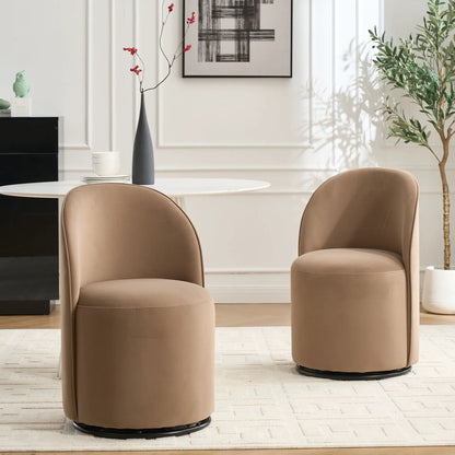 Pair of 360 Degree Swivel Armless Dining Chairs in taupe leather around a white round table on Tampa Home & Garden Store
