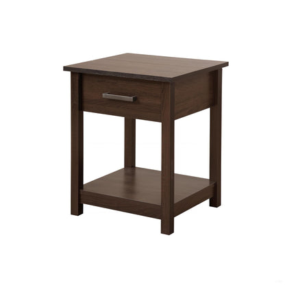 Accent nightstand in dark brown wood with a single drawer and lower shelf, slim metal bar pull on Tampa Home & Garden Store