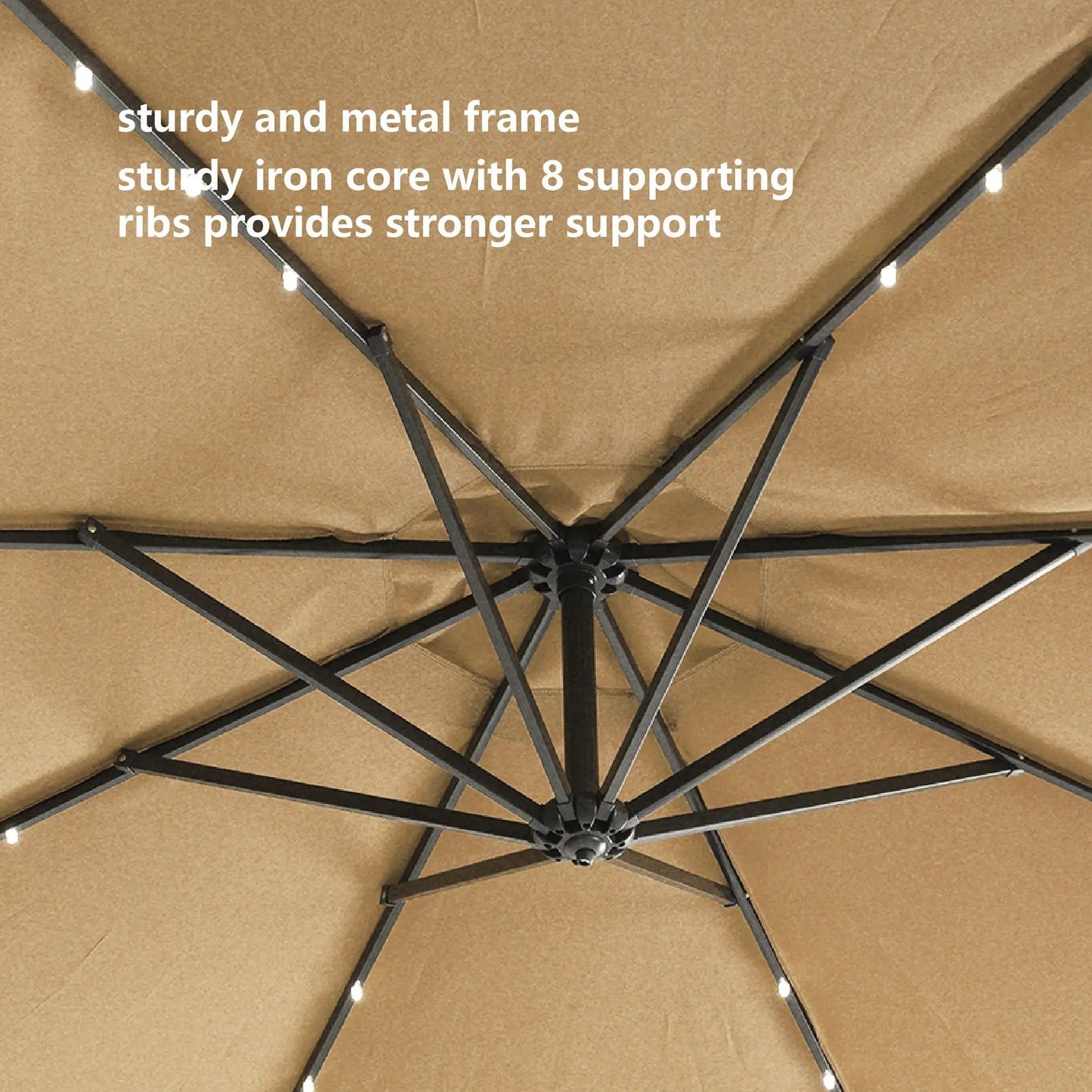 Outdoor cantilever umbrella by Unique Piece Furniture with 32 LED lights, taupe canopy on Tampa Home & Garden Store