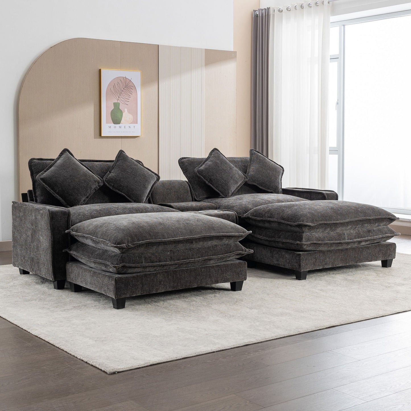 Modern 3-piece sectional sofa with removable ottomans in dark charcoal fabric, USB ports on Tampa Home & Garden Store