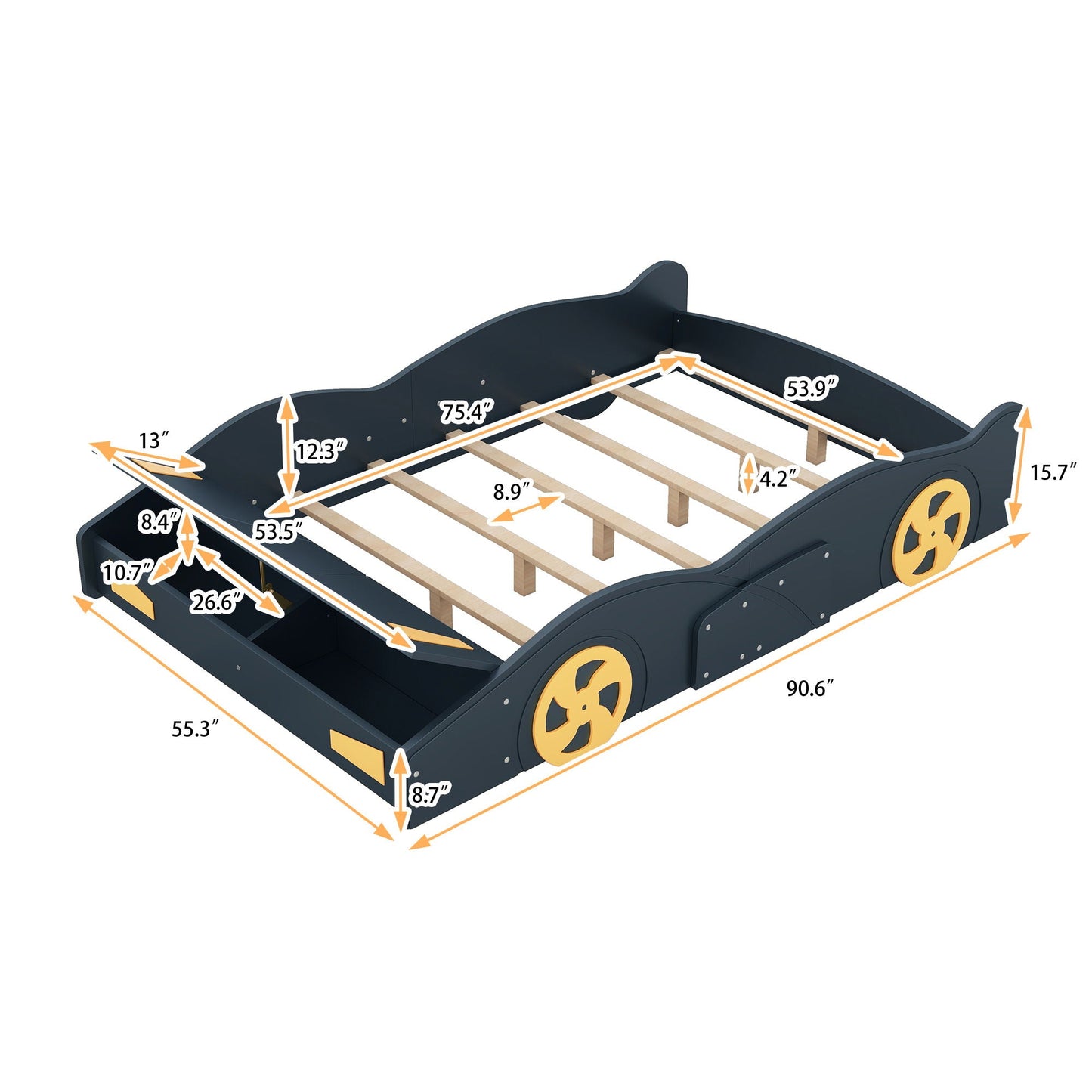 Race Car Shaped Platform Bed with Wheels and Storage in dark navy finish with wooden slat base on Tampa Home & Garden Store