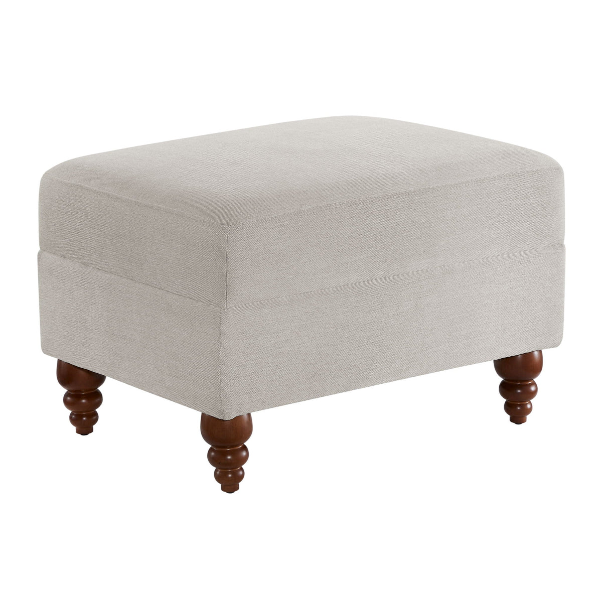 Beige upholstered stationary ottoman with turned wooden legs on Tampa Home & Garden Store