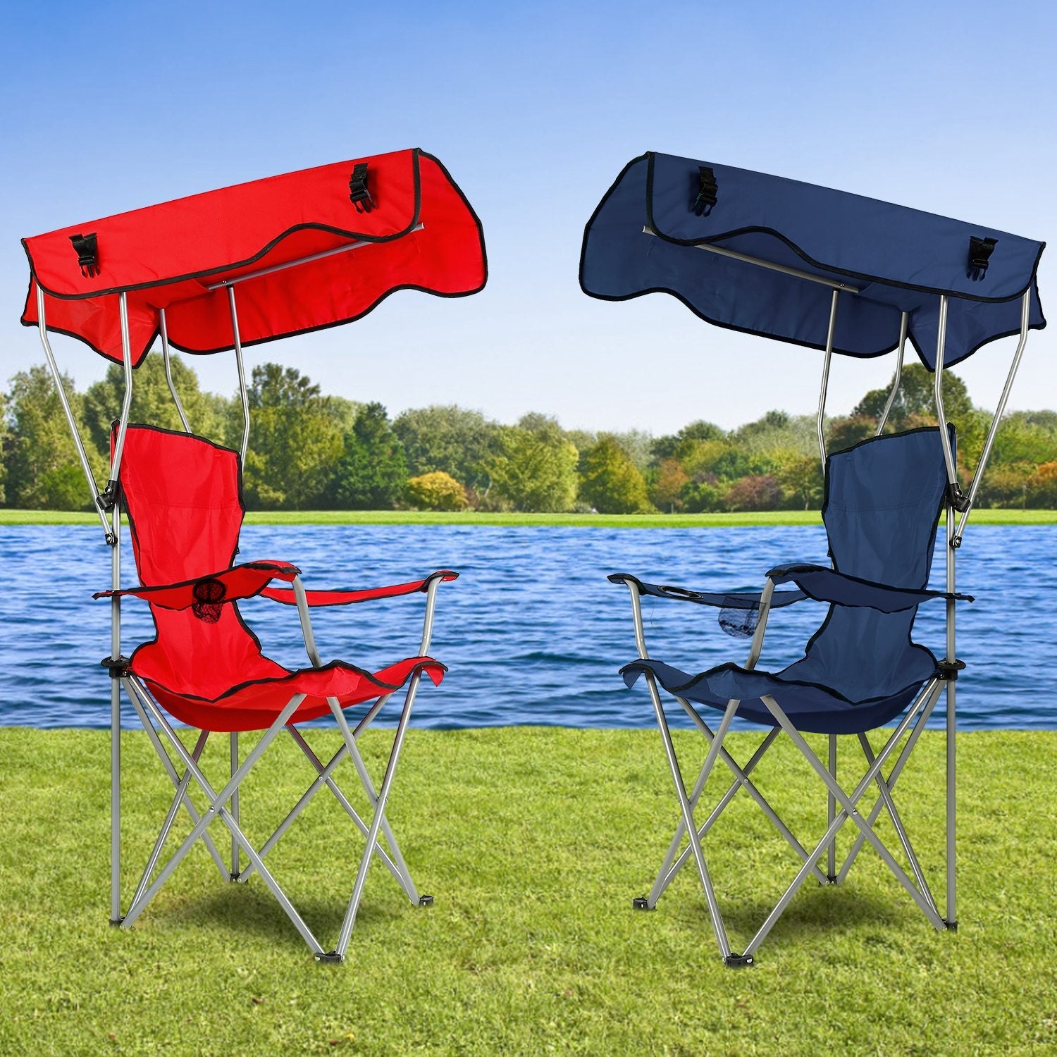 GemGear foldable beach canopy chairs (2) with cup holder, red and blue on Tampa Home & Garden Store