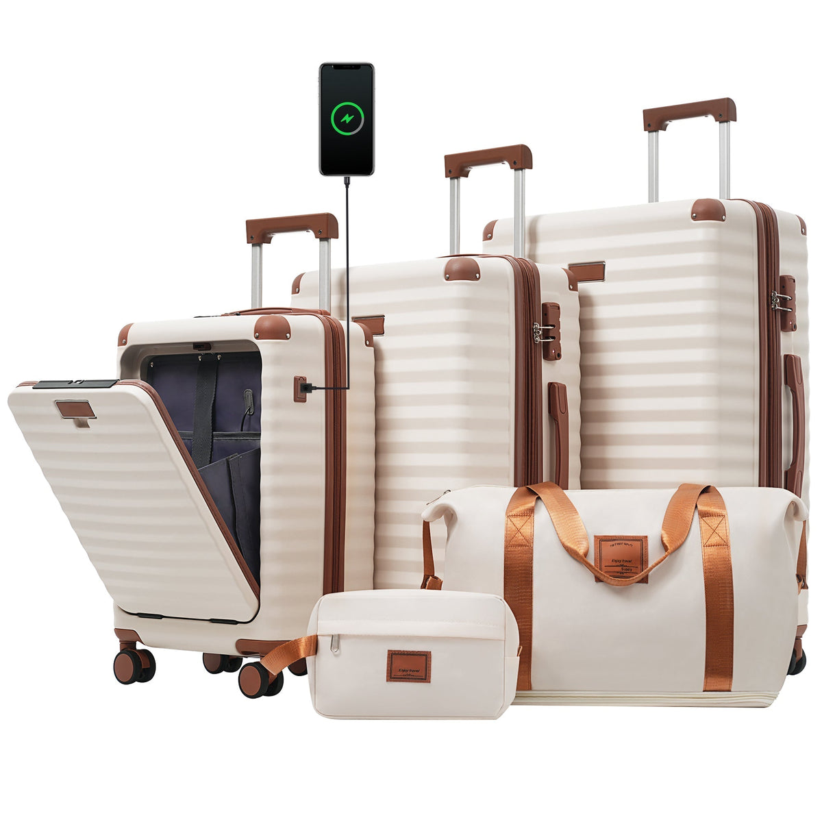 Deluxe 5-Piece hard-side luggage set with USB and TSA locks in ivory with trim by HouseOfZazla on Tampa Home & Garden Store