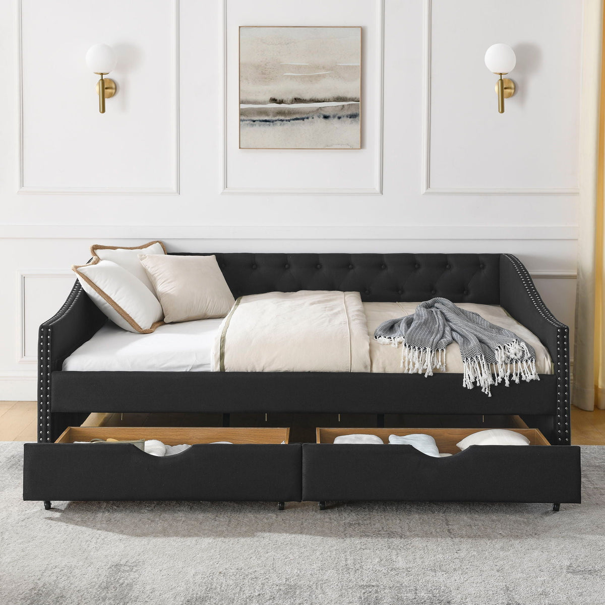 Upholstered Tufted Daybed with Storage Drawers