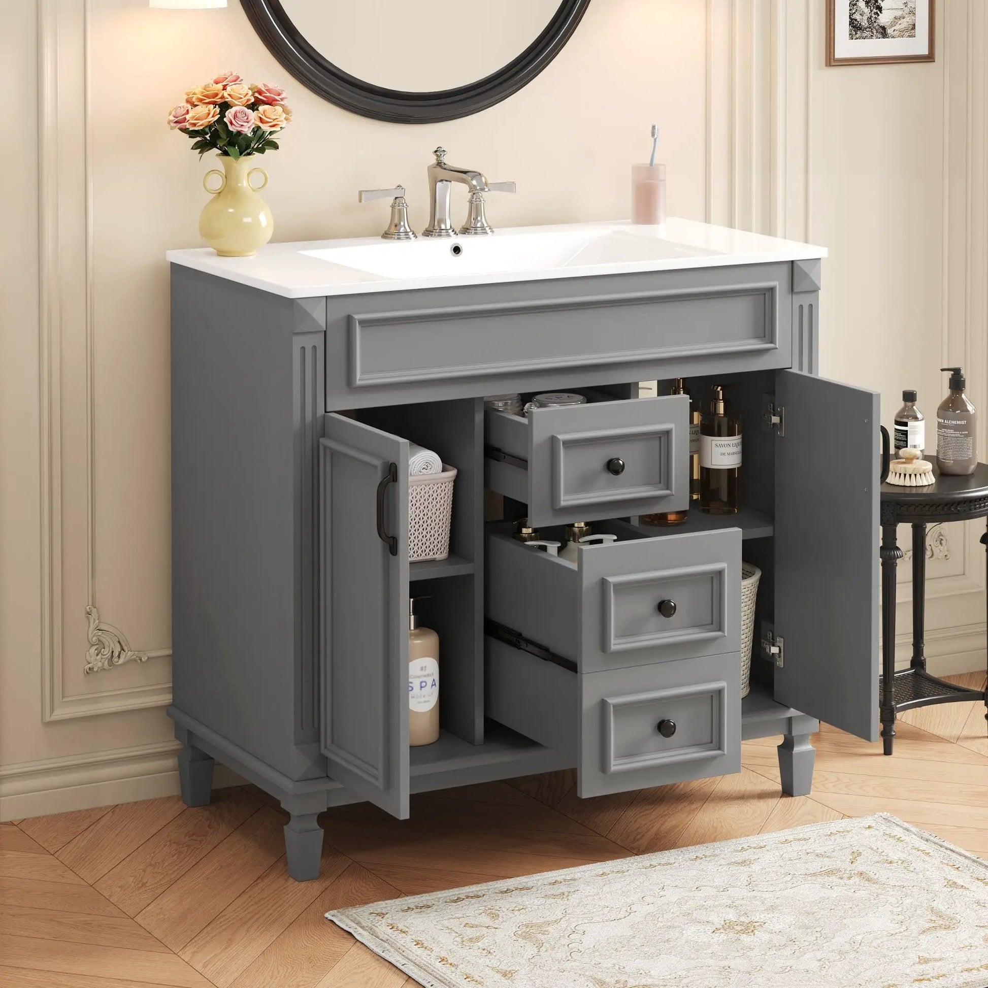 Bathroom vanity with top sink, gray cabinet, 2 soft-closing doors and 2 drawers, chrome faucet on Tampa Home & Garden Store