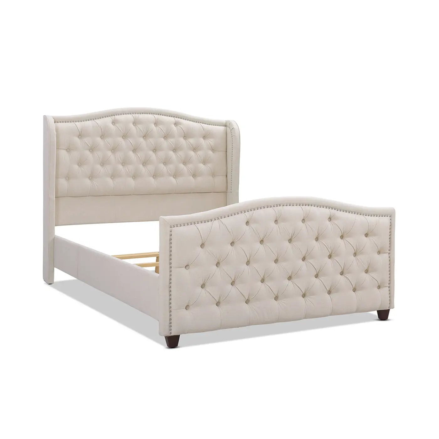 Marcella Upholstered Shelter Bed Set, cream tufted fabric with nailhead trim on Tampa Home & Garden Store