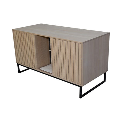 Modern wooden cat house with scratching mat, natural wood, slatted doors, HouseOfZazla on Tampa Home & Garden Store