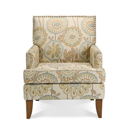 Accent chair by HouseOfZazla in beige floral fabric with nailhead trim and wooden legs on Tampa Home & Garden Store