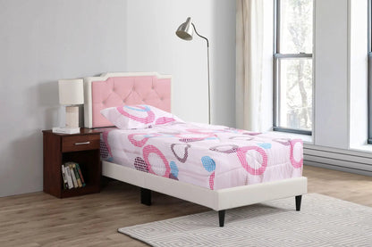 Button tufted upholstered bed with pink headboard and white frame, colorful bedding on Tampa Home & Garden Store