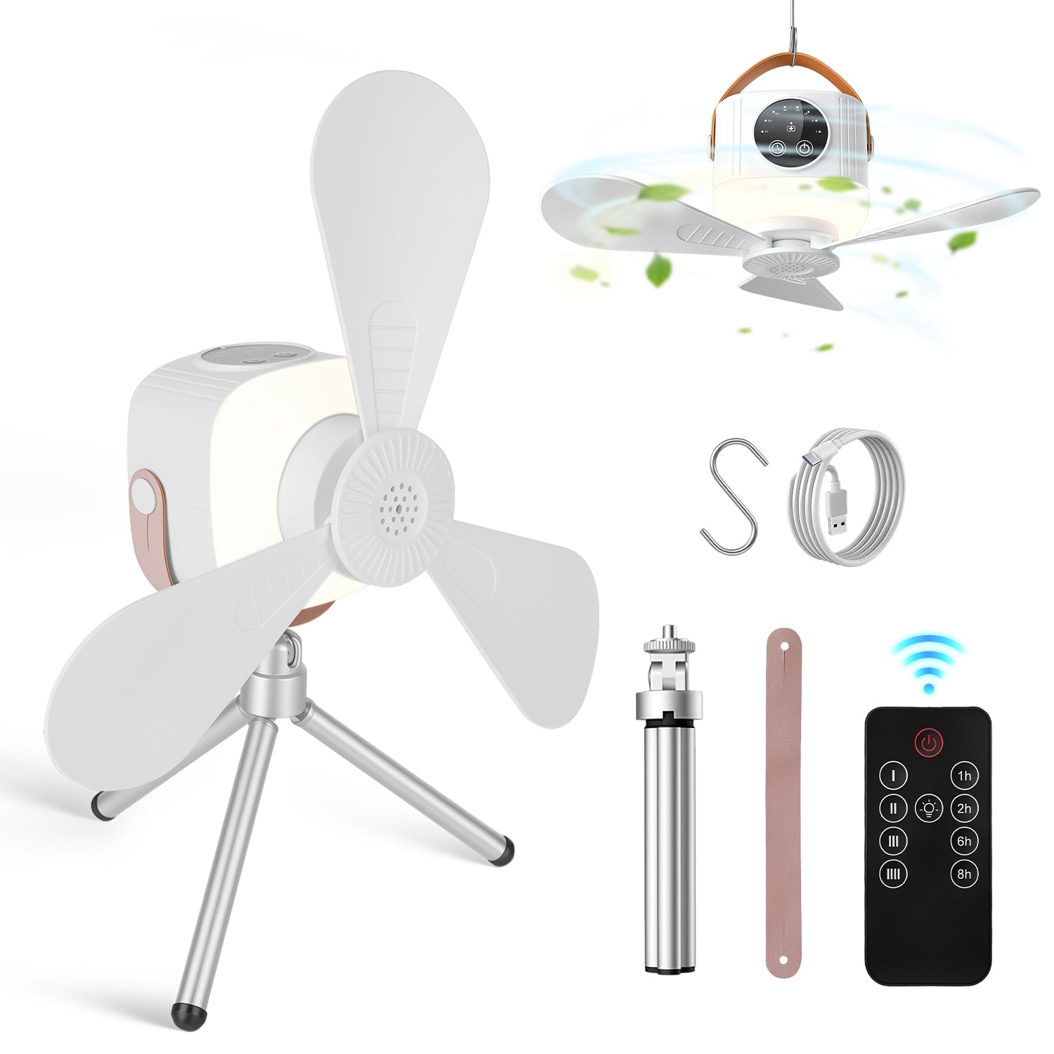 GemGear Rechargeable tent ceiling fan with LED light and remote, white with rose-gold accents on Tampa Home & Garden Store
