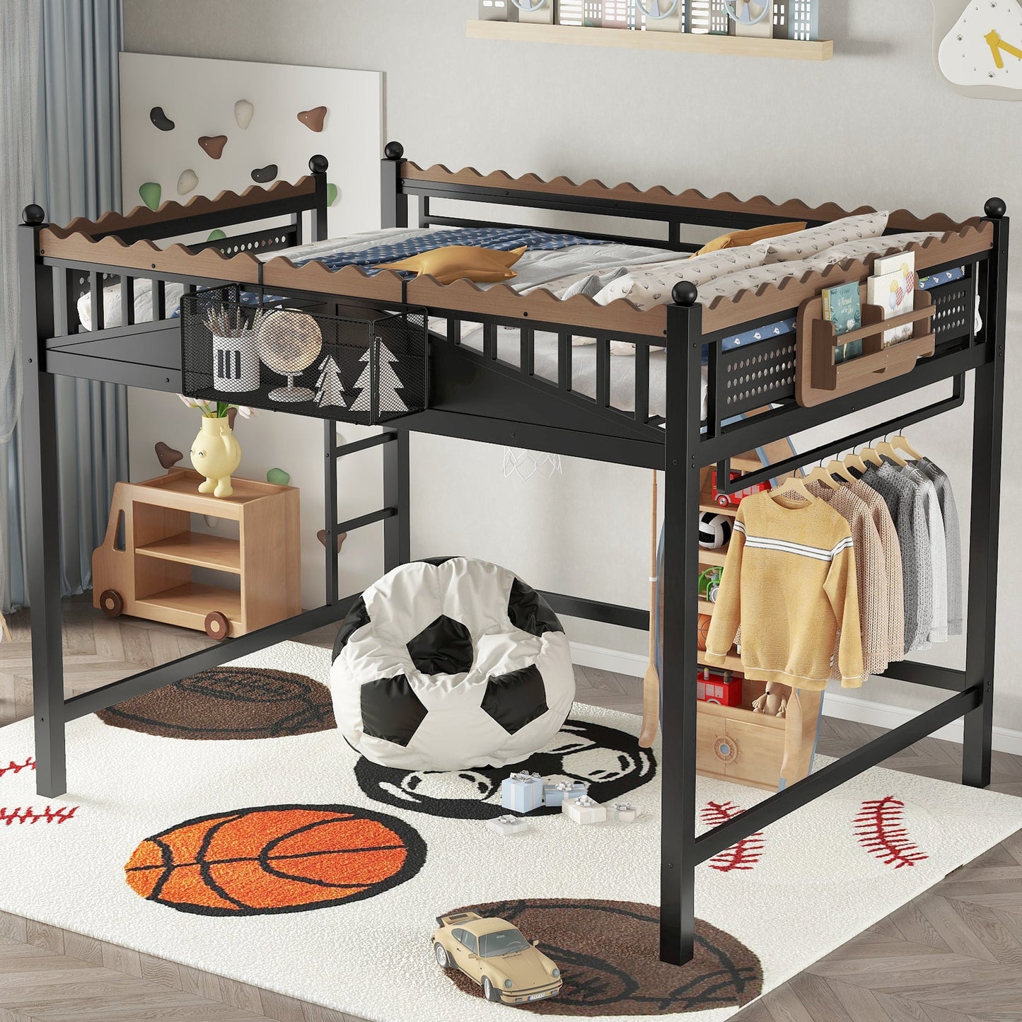 Queen Size Loft Bed by HouseOfZazla with black metal frame, wood rails, ladders and storage on Tampa Home & Garden Store