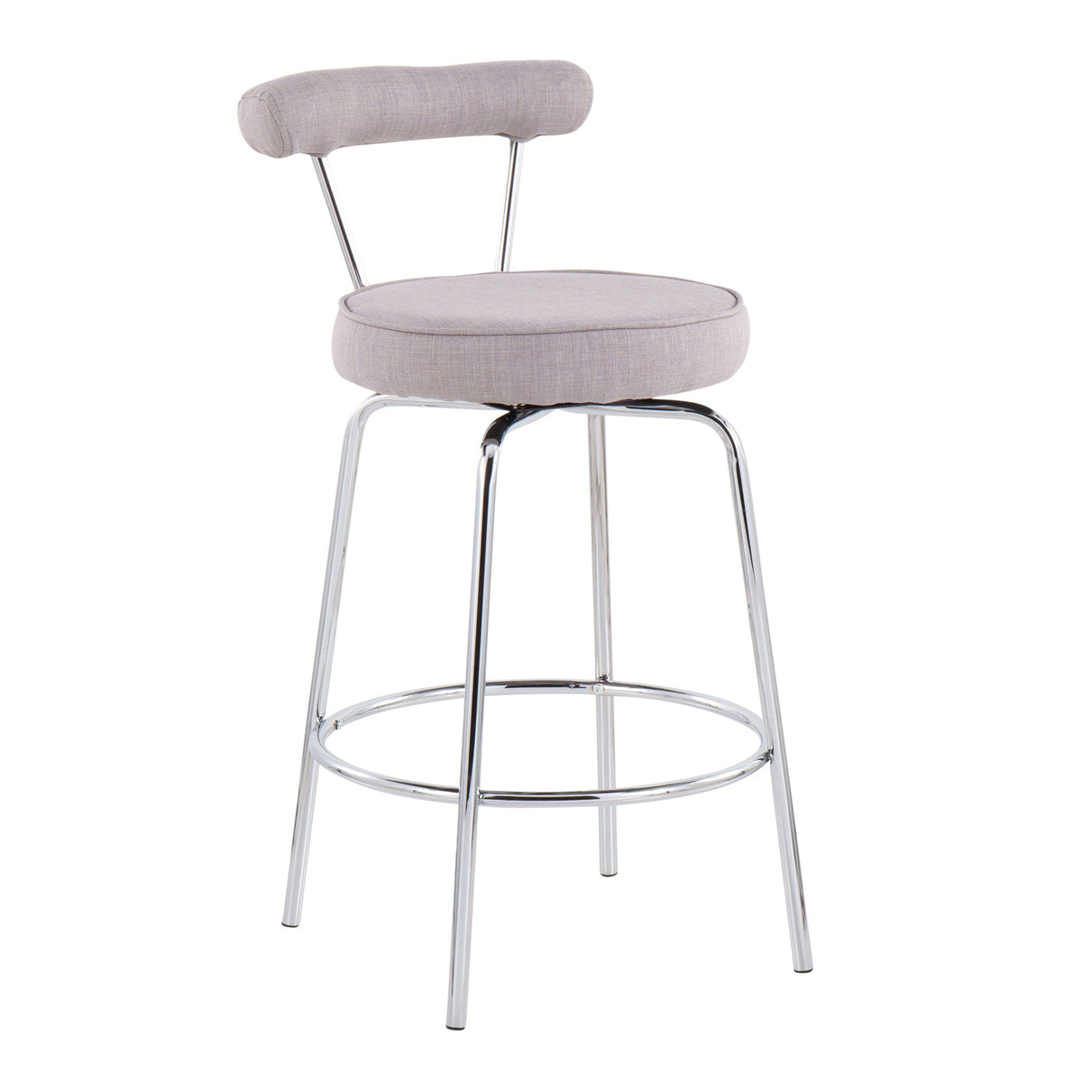 Set of 2 contemporary counter stools with cylindrical backrests, light gray fabric, chrome legs on Tampa Home & Garden Store