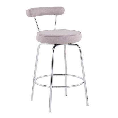 Set of 2 contemporary counter stools with cylindrical backrests, light gray fabric, chrome legs on Tampa Home & Garden Store