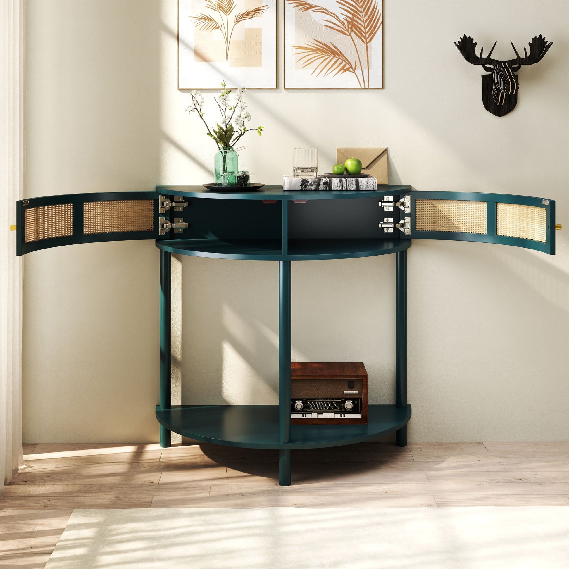 Boho rattan semi circle end table with sliding door and storage teal by HouseOfZazla on Tampa Home & Garden Store