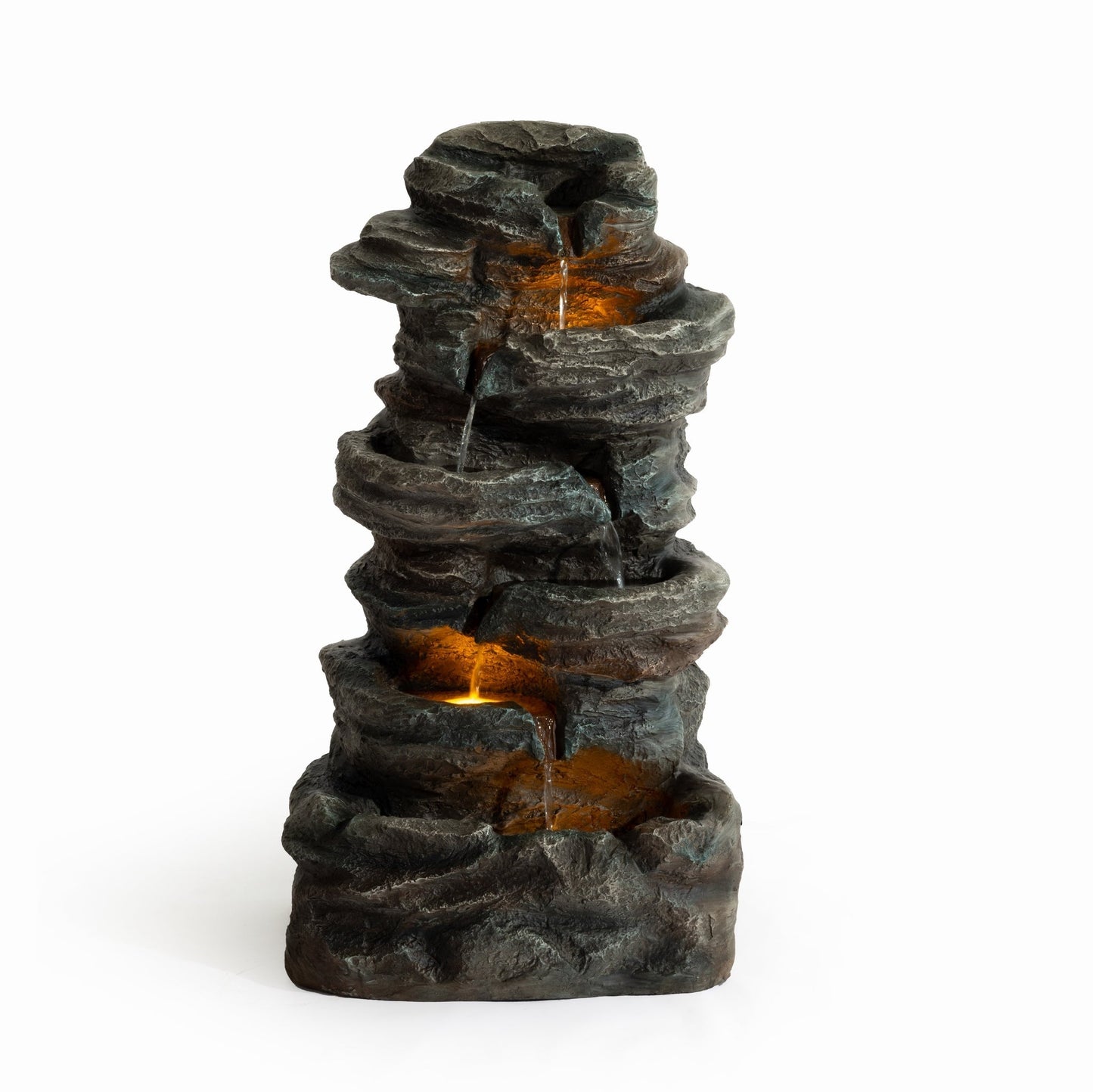6-Tier Outdoor Cascading Stone Water Fountain with 3 LED lights, dark rock finish, amber glow on Tampa Home & Garden Store