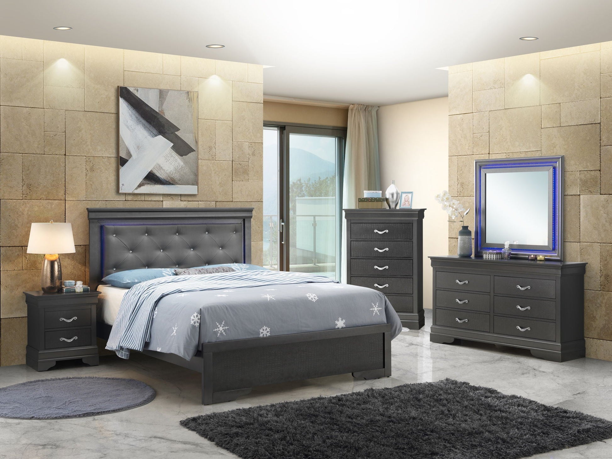 LED Elegant Bed gray tufted upholstered bed with a dark gray nightstand in a modern bedroom on Tampa Home & Garden Store