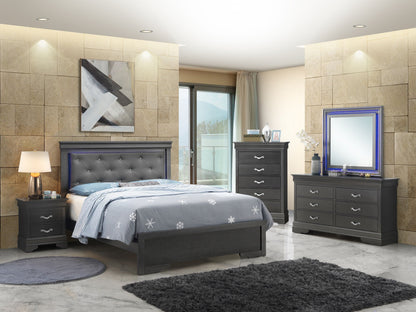 LED Elegant Bed gray tufted upholstered bed with a dark gray nightstand in a modern bedroom on Tampa Home & Garden Store