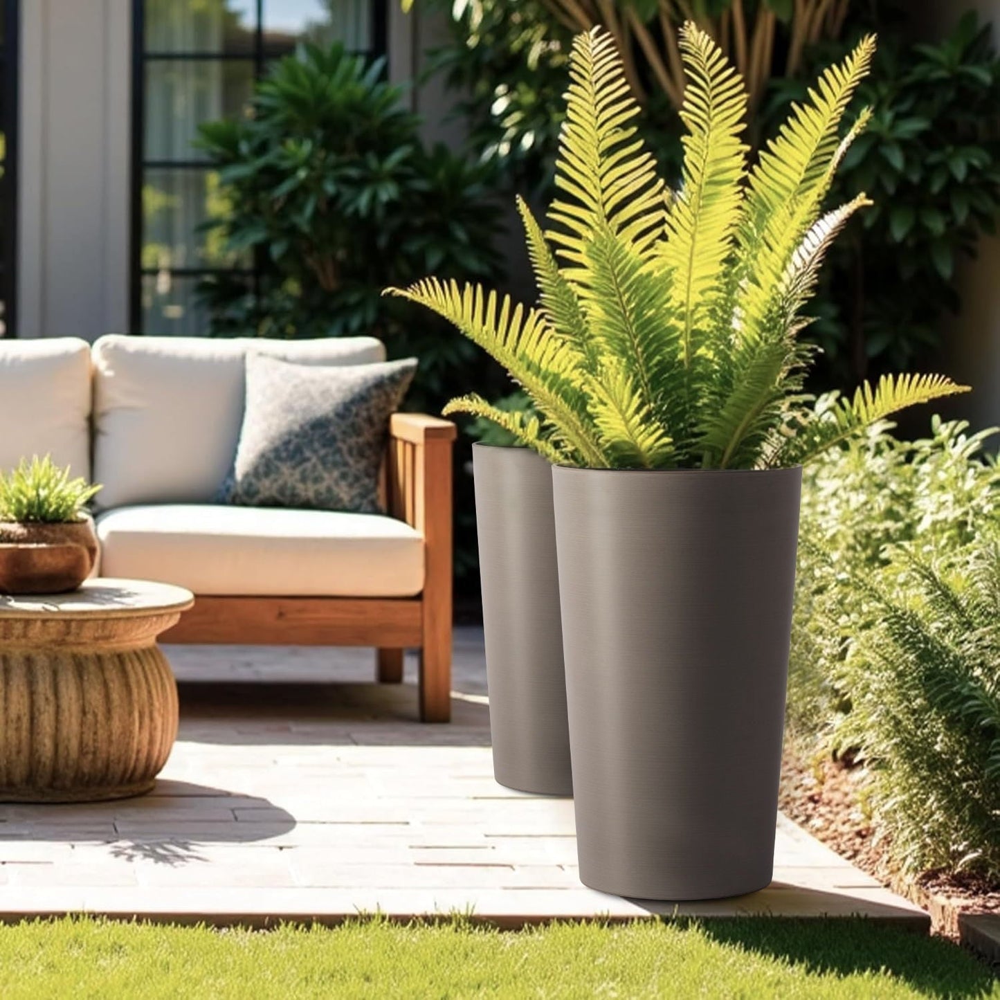 Planter For Outdoor two gray matte planters with ferns on a patio HouseOfZazla on Tampa Home & Garden Store