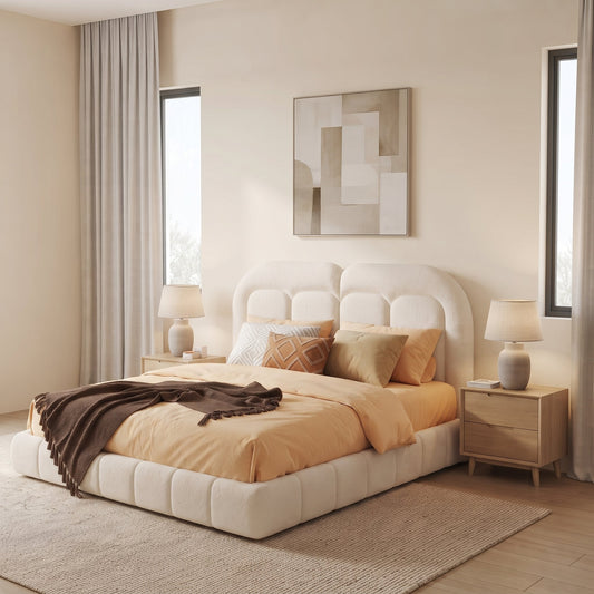 Queen size boucle upholstered platform bed with tufted headboard beige HouseOfZazla on Tampa Home & Garden Store