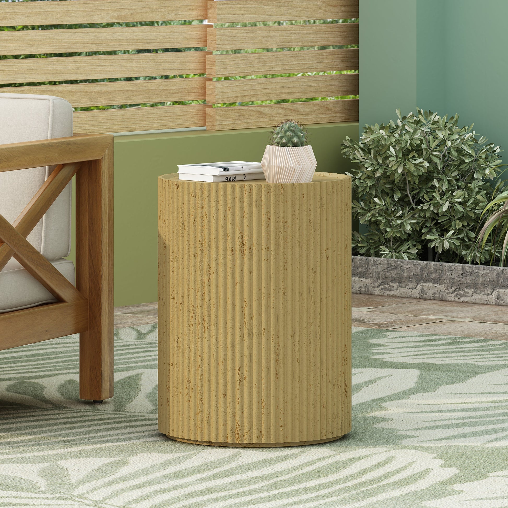 Cylindrical outdoor side table antique brown MGO by HouseOfZazla with ribbed texture cactus top on Tampa Home & Garden Store