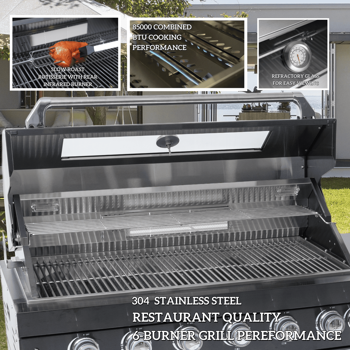 Premium 128-inch stainless steel gas grill 6-burner rotisserie 85k BTU HouseOfZazla on Tampa Home & Garden Store