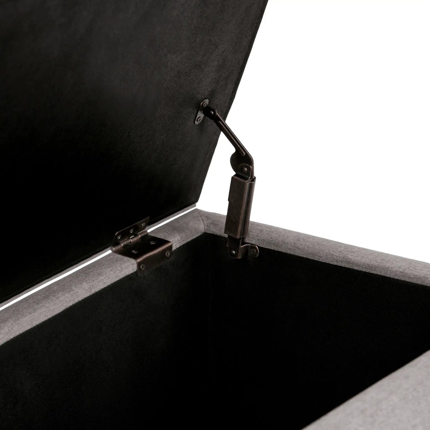 Avalon multifunctional storage ottoman bench lid in black fabric with metal hinge hardware on Tampa Home & Garden Store