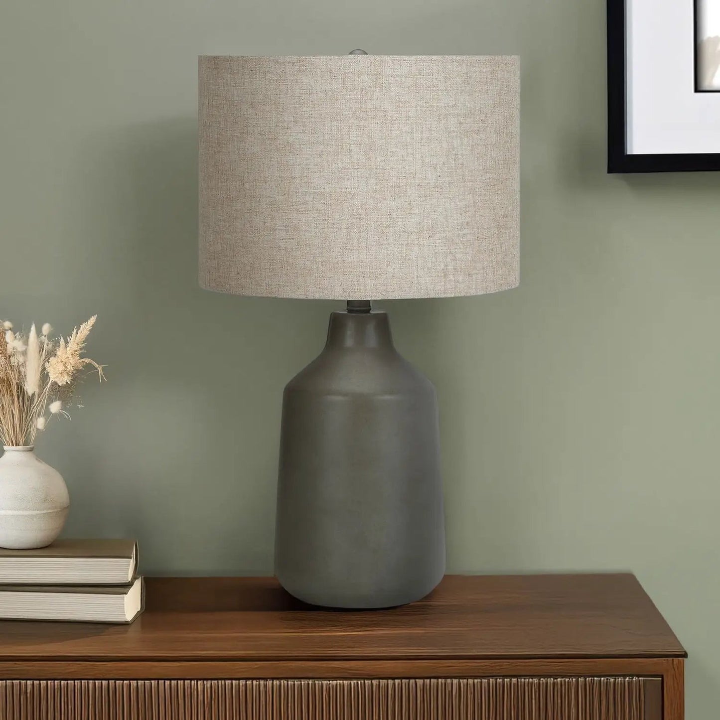 Concrete Table Lamp with Fabric Drum Shade