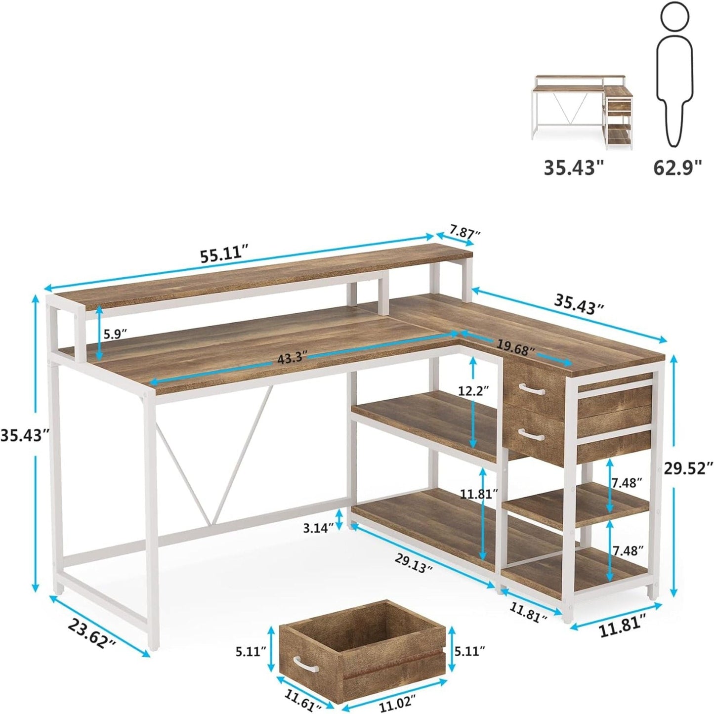 L-shaped home office desk with monitor riser and right-side drawers, white frame with wood top, HouseOfZazla on Tampa Home & Garden Store