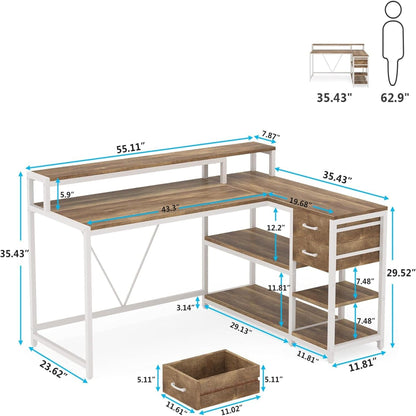 L-shaped home office desk with monitor riser and right-side drawers, white frame with wood top, HouseOfZazla on Tampa Home & Garden Store