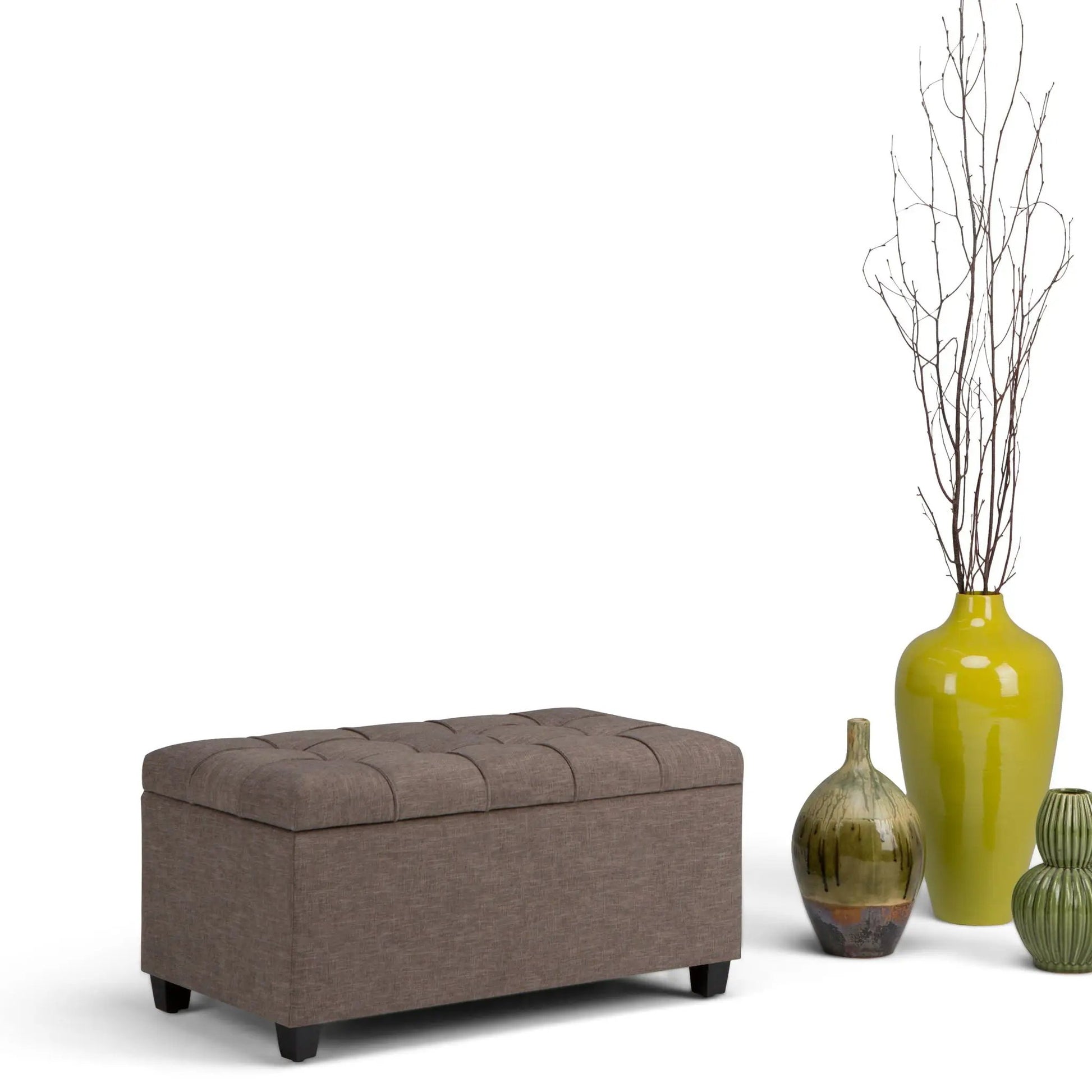 Storage ottoman bench Sienna in brown upholstery with tufted top and dark legs on Tampa Home & Garden Store