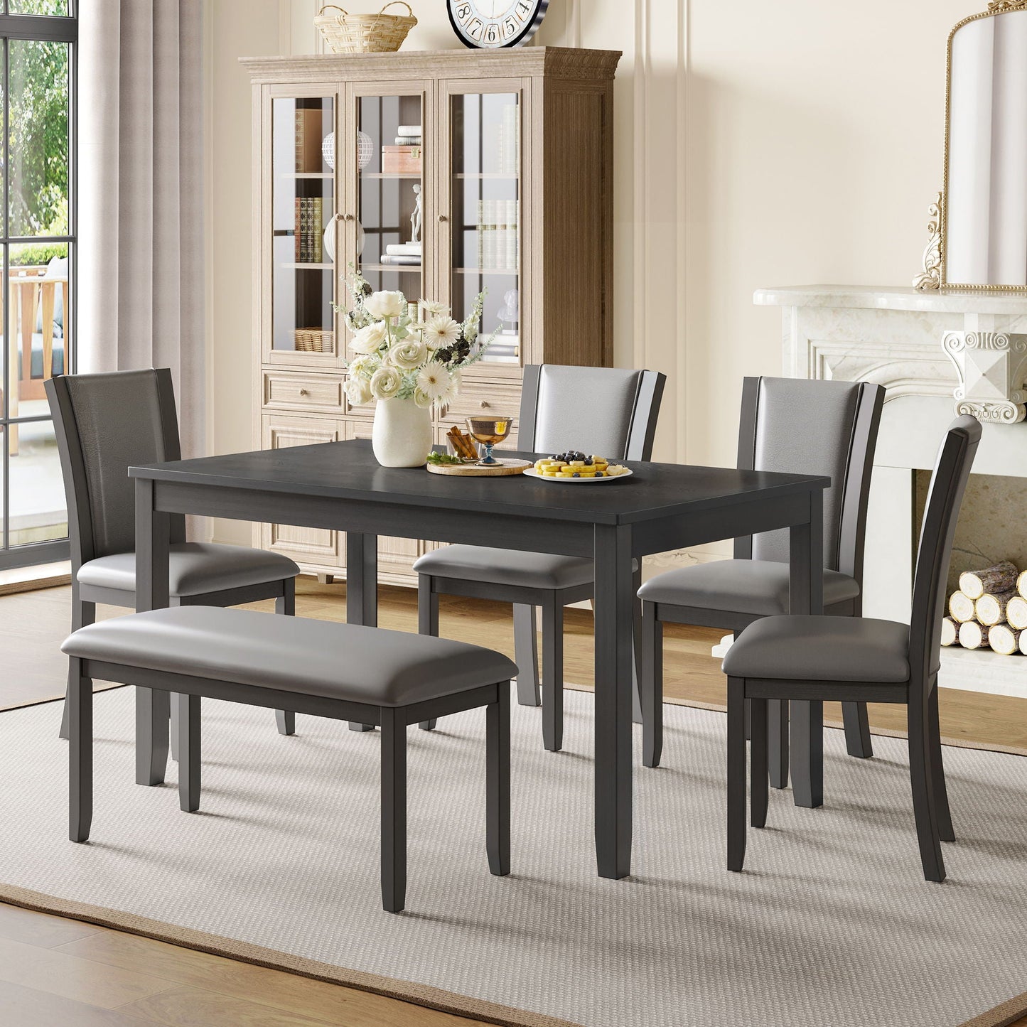 Modern Gray Wood Dining Set With Bench and Chairs