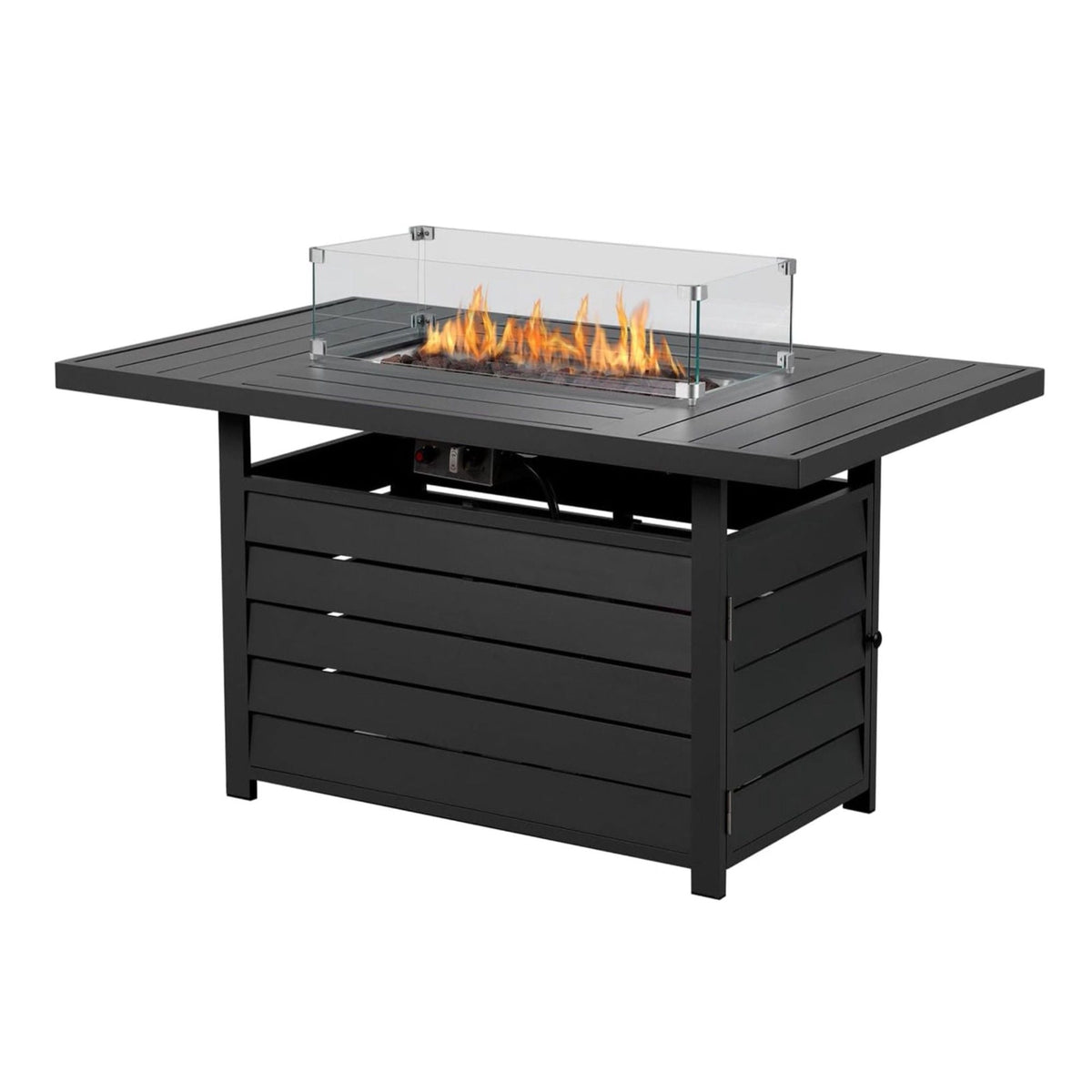 Rectangular propane fire pit table with stainless burner, glass wind guard, black base on Tampa Home & Garden Store