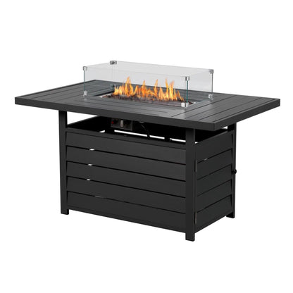 Rectangular propane fire pit table with stainless burner, glass wind guard, black base on Tampa Home & Garden Store