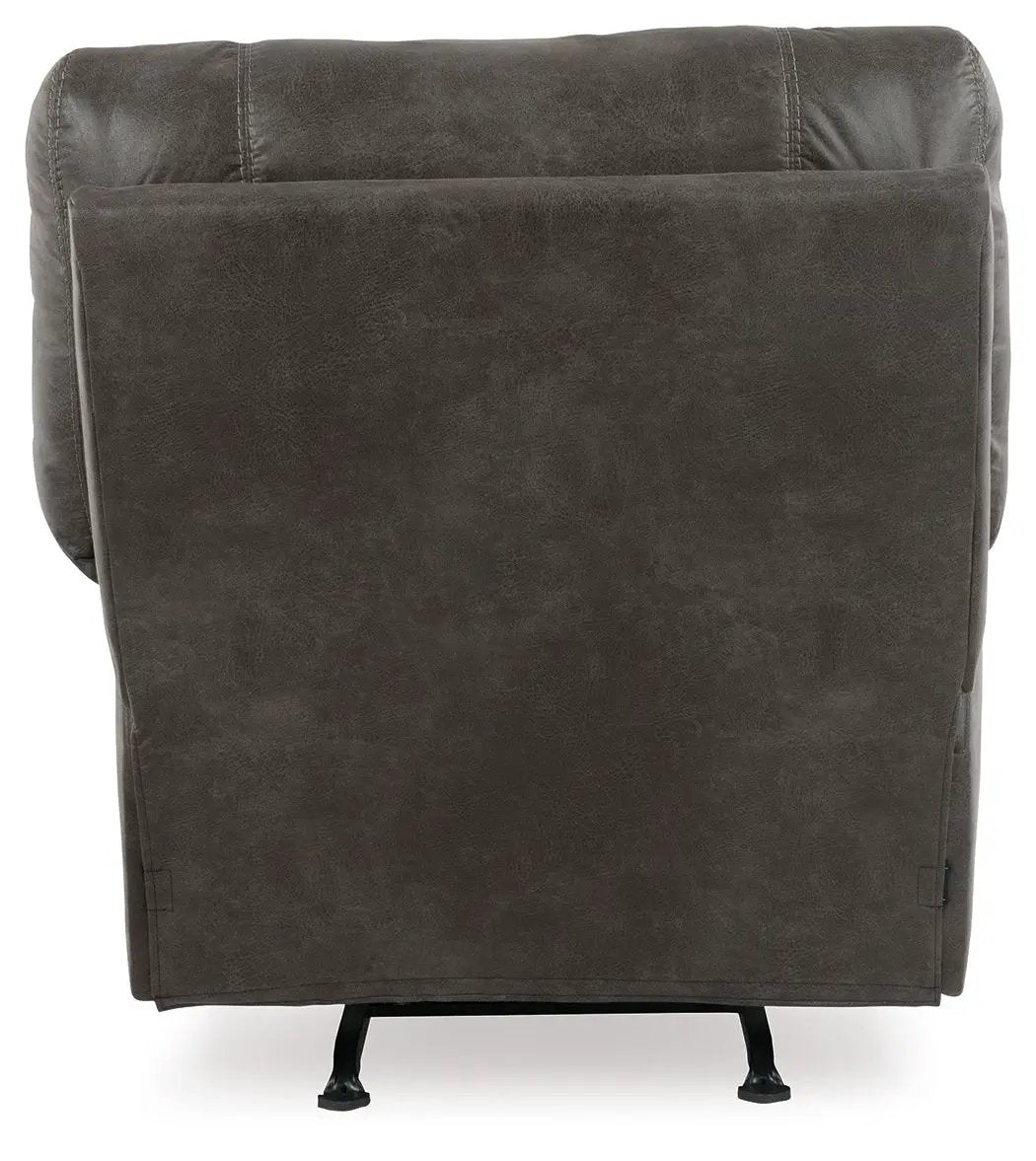 Tambo rocker recliner dark brown faux leather upholstery with metal legs back view on Tampa Home & Garden Store