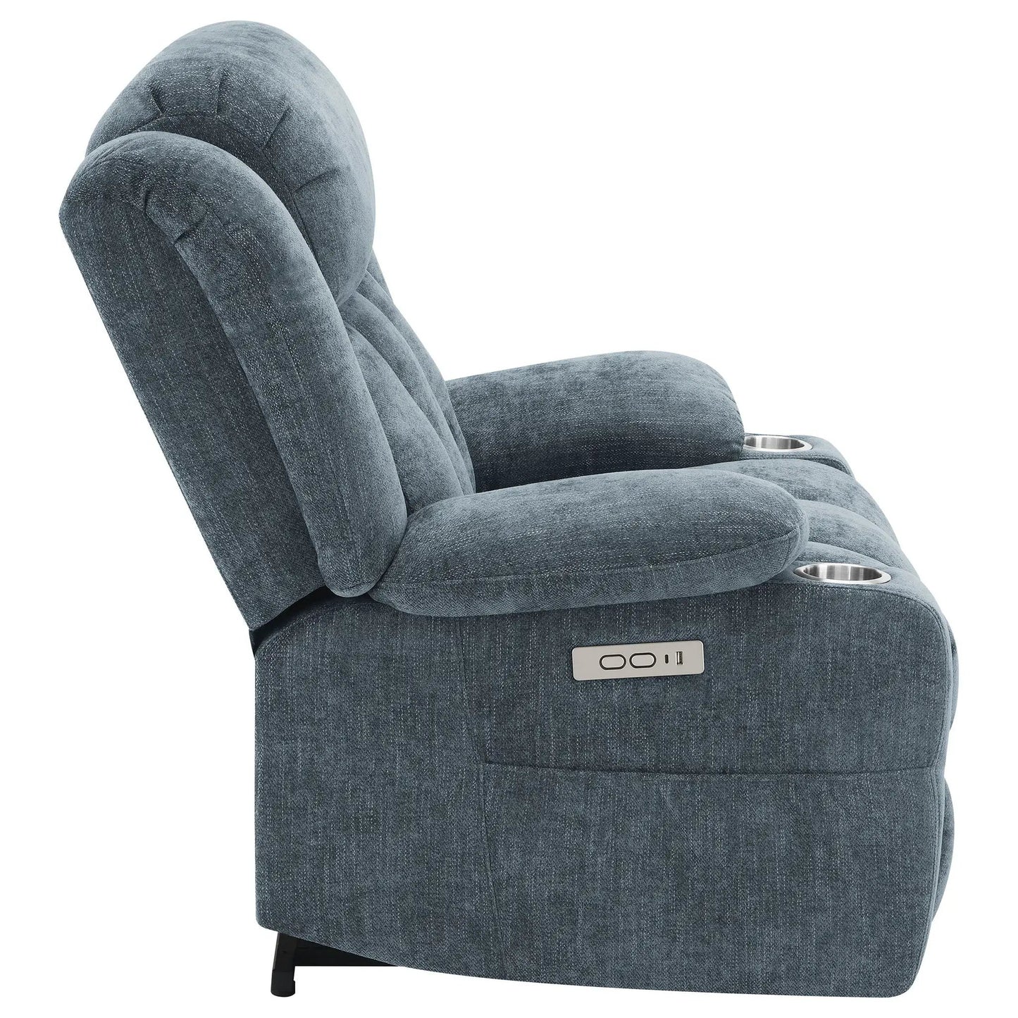 Beca power lift recliner with cupholders and USB charging in blue-gray fabric Unique Piece on Tampa Home & Garden Store