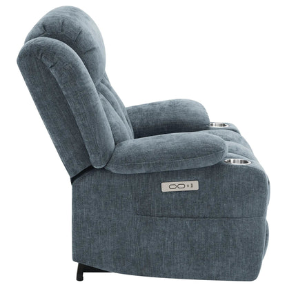 Beca power lift recliner with cupholders and USB charging in blue-gray fabric Unique Piece on Tampa Home & Garden Store