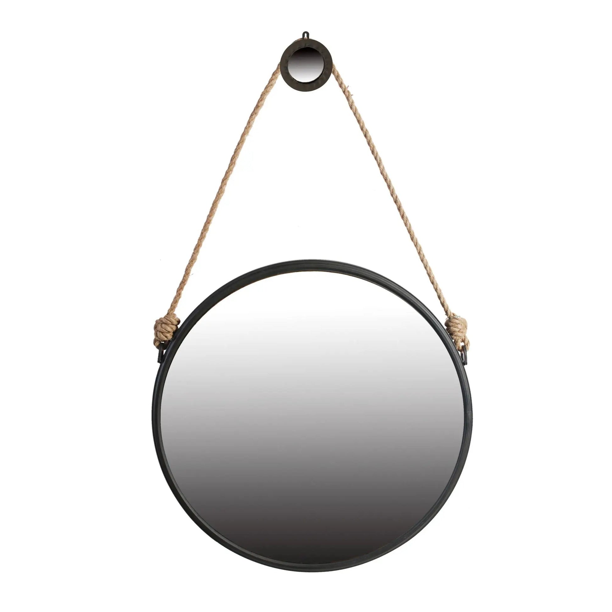 Round rope-hung wall mirror with black metal frame and natural fiber straps by Unique Piece Furniture on Tampa Home & Garden Store