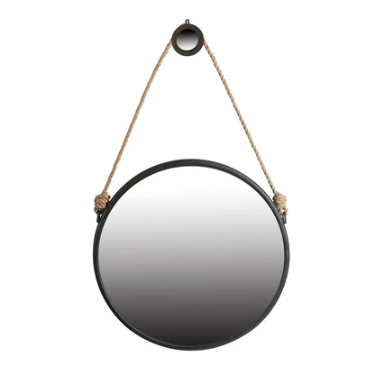 Round rope-hung wall mirror with black metal frame and natural fiber straps by Unique Piece Furniture on Tampa Home & Garden Store
