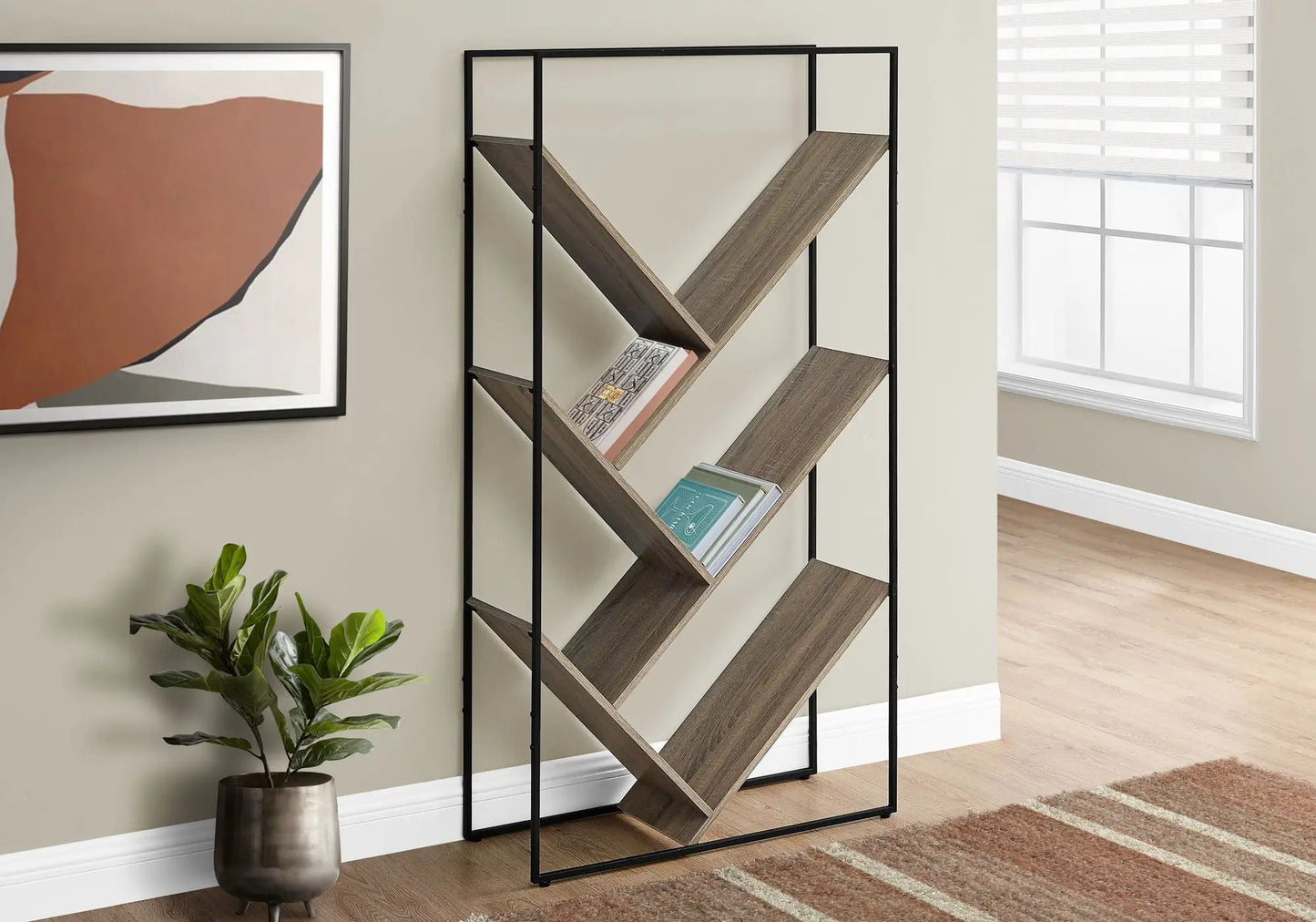 3-tier etagere bookshelf with black metal frame and diagonal brown wood shelves on Tampa Home & Garden Store