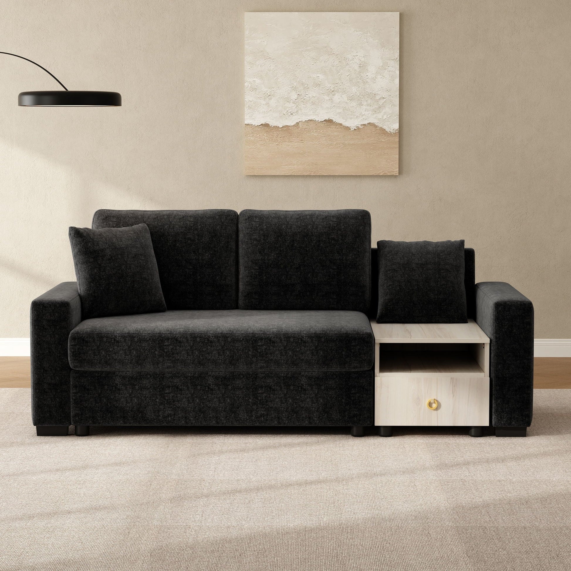 Modular sofa couch in dark charcoal fabric with light wood storage end table on Tampa Home & Garden Store