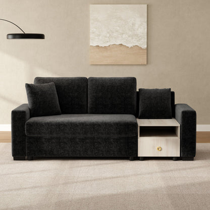 Modular sofa couch in dark charcoal fabric with light wood storage end table on Tampa Home & Garden Store