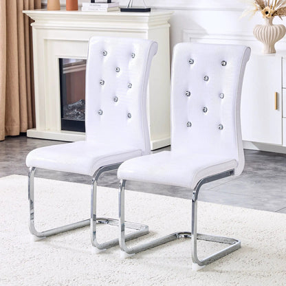 Elegant Design Upholstered Dining Chairs white leather crystal buttons chrome cantilever legs on Tampa Home & Garden Store